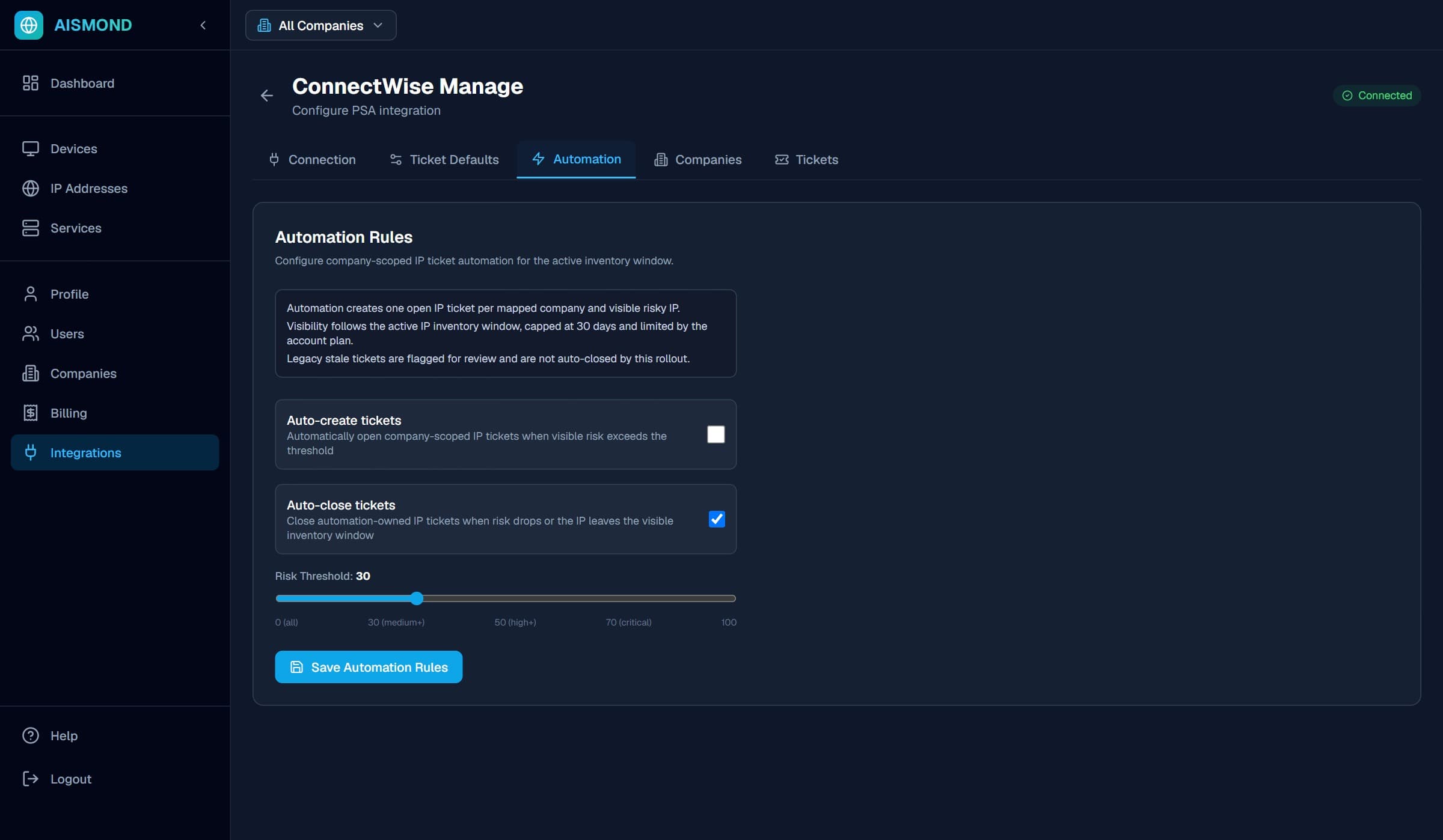 PSA automation configuration with per-company ticket routing and risk thresholds