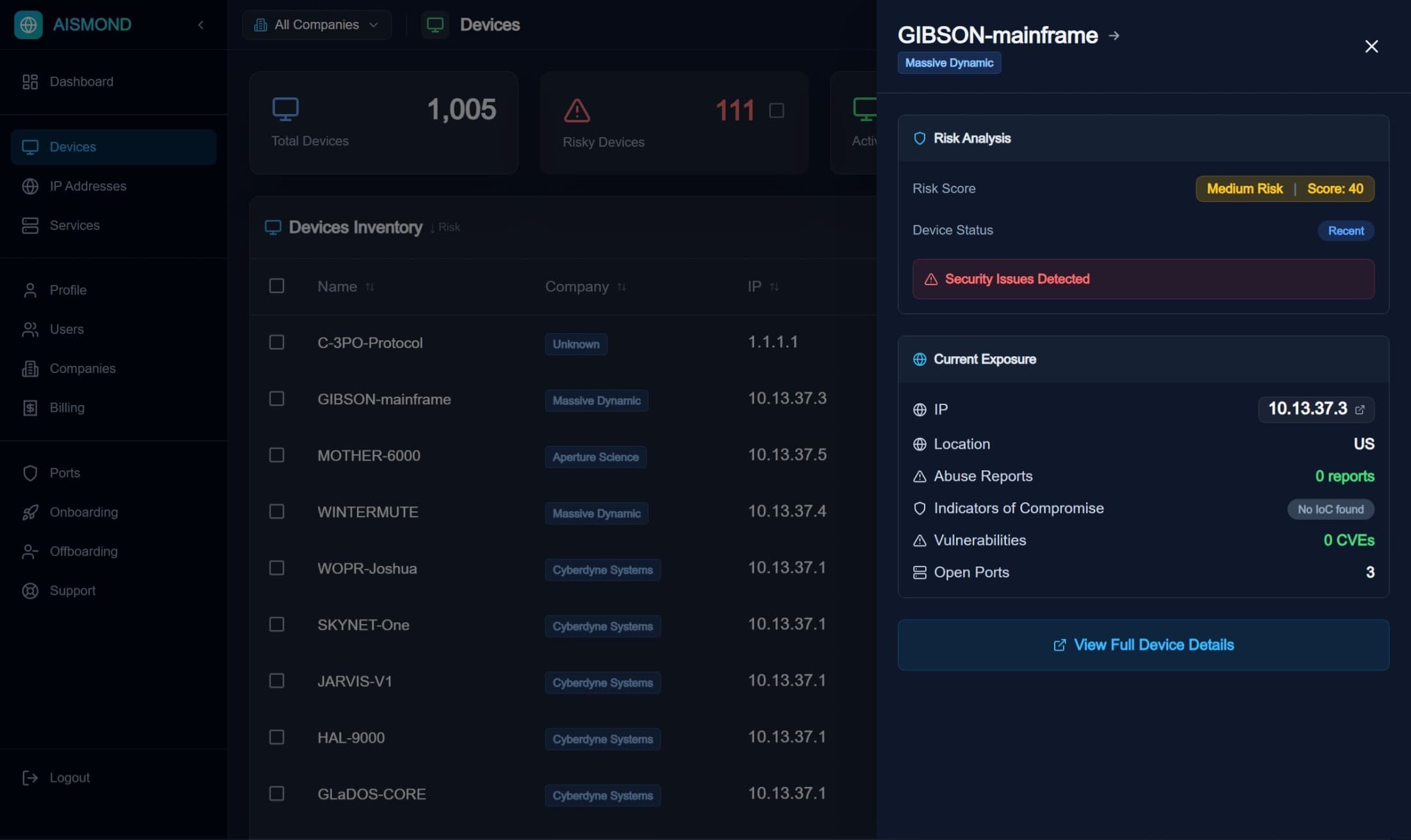 Device inventory list with search, filtering, and risk scores