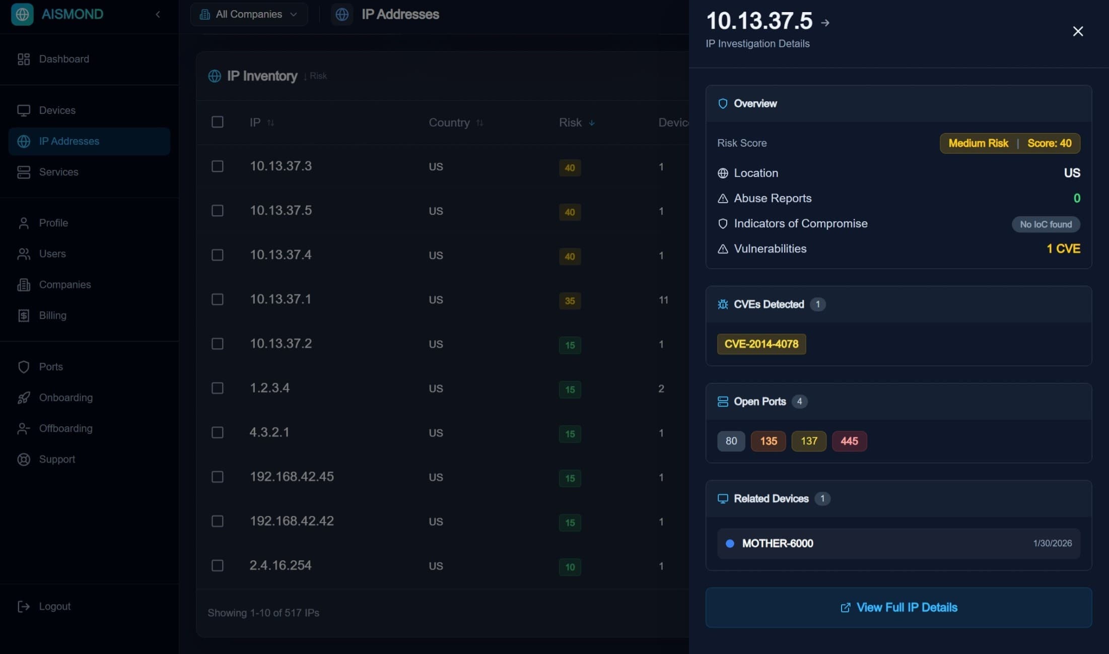 IP investigation showing CVEs, open ports, and risk analysis