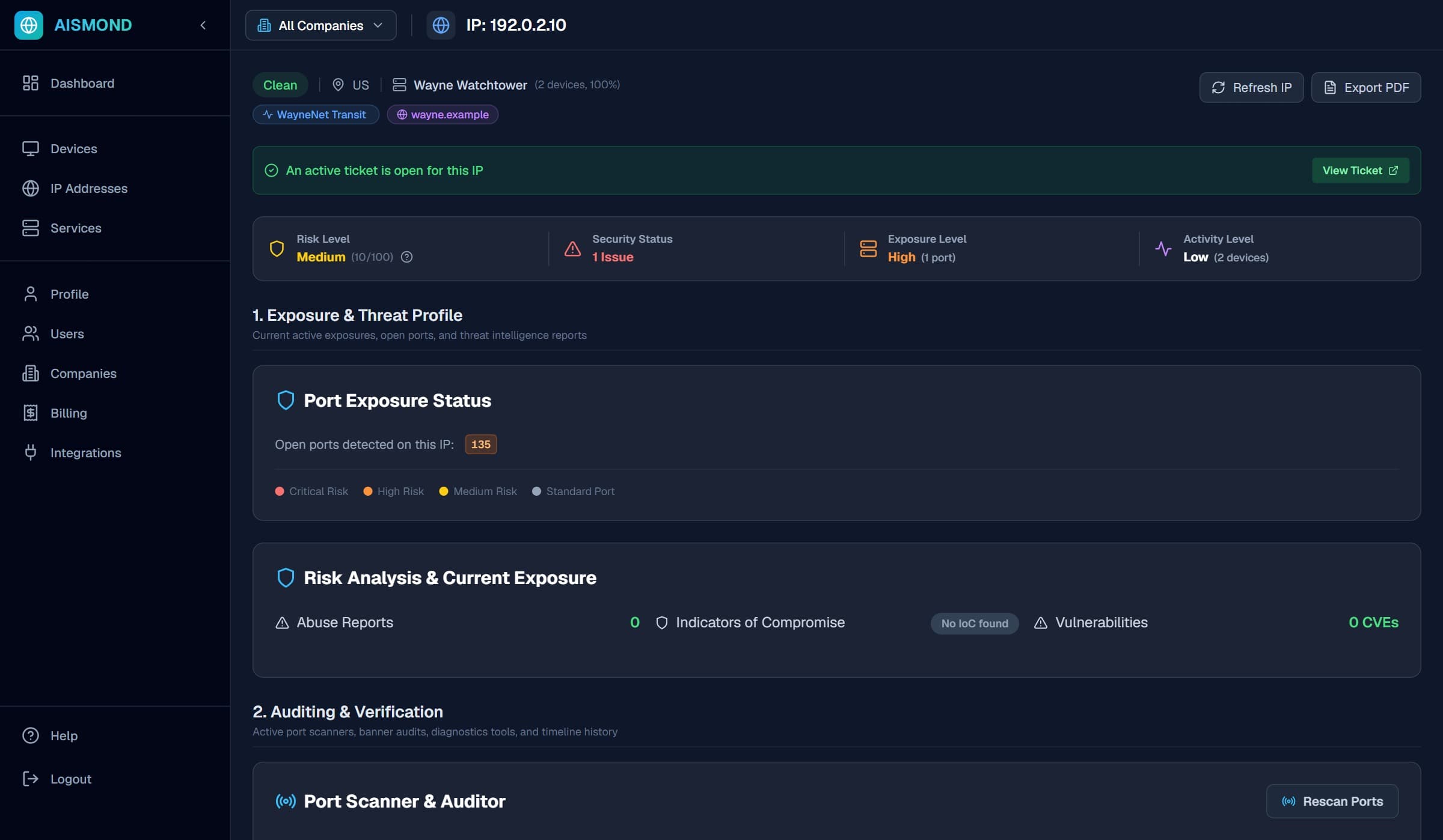 IP details highlighting an active open PSA ticket and risk review warnings